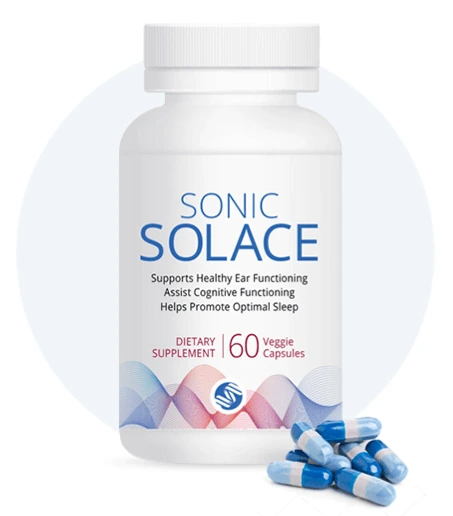 A bottle of Sonic Solace, 60 veggie capsules, with capsules beside it